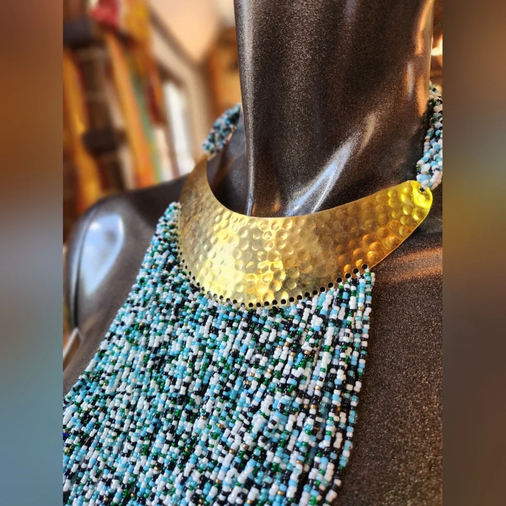Hand Hammered Brass, Green, Gold, White and Blue Beaded Statement Necklace - Picture 5 of 16